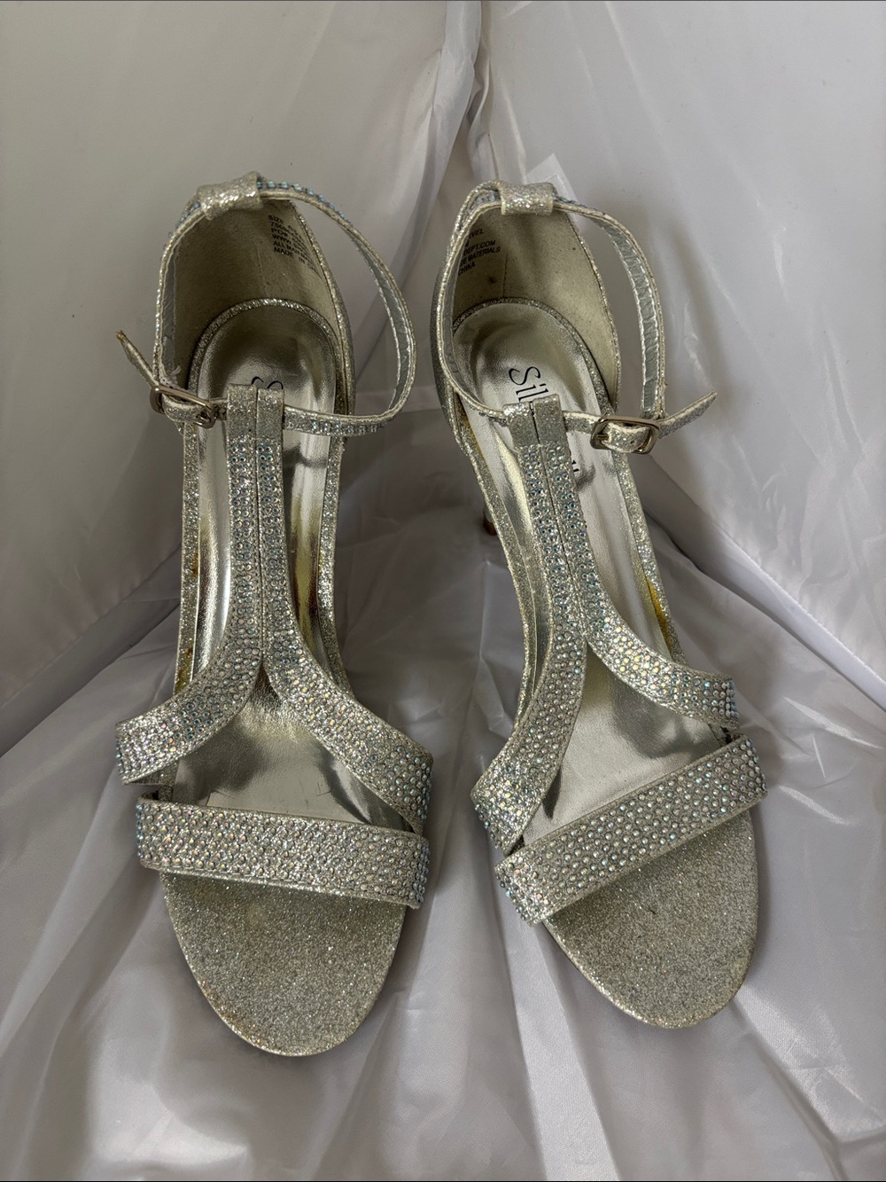 Silver Rhinestone T-Strap Heeled Sandals